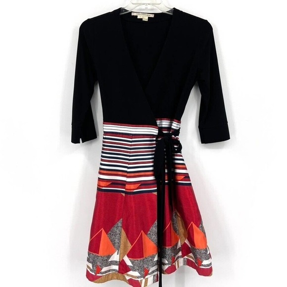 Diane Von Furstenberg Womens 6 Wrap Dress Geometric Skirt Black Top Red Orange - Picture 1 of 14